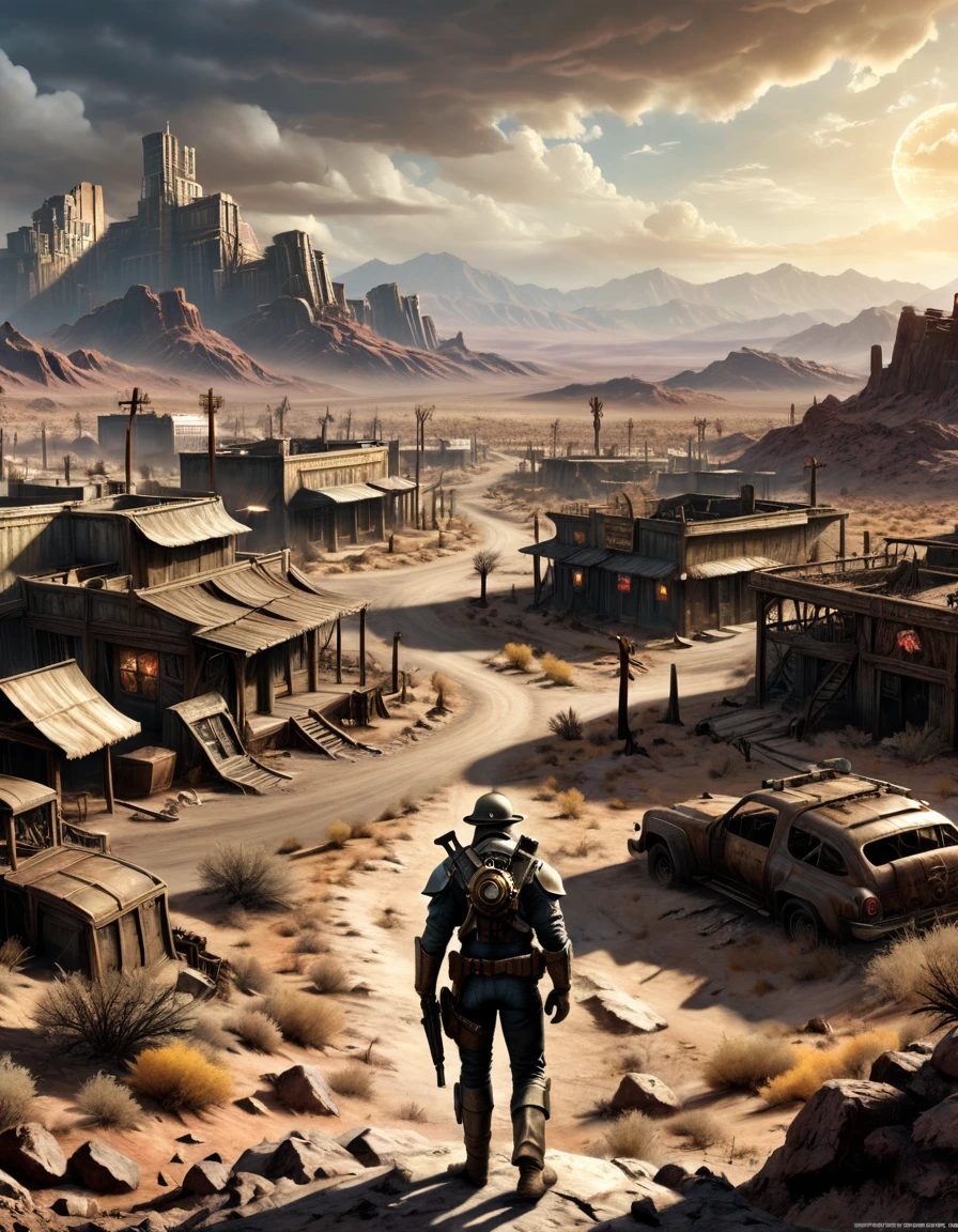 Game "Fallout New Vegas", Post apocalyptic scenario, desolate atmosphere, dystopian landscape, wilderness, (Masterpiece, Best Quality, professional, perfect composition, very aesthetic, absurdities, ultra detailed, intricate details:1.3)