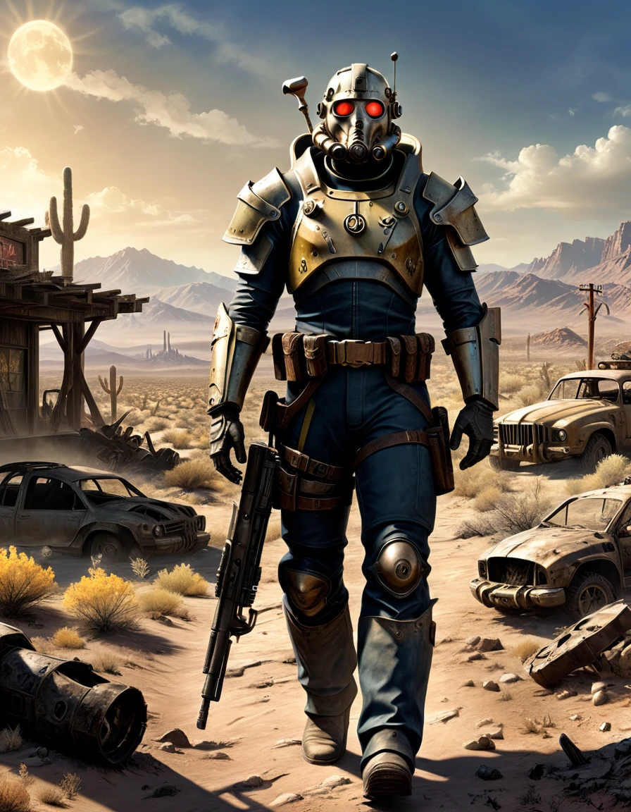 Game "Fallout New Vegas", Post apocalyptic scenario, desolate atmosphere, dystopian landscape, wilderness, (Masterpiece, Best Quality, professional, perfect composition, very aesthetic, absurdities, ultra detailed, intricate details:1.3)