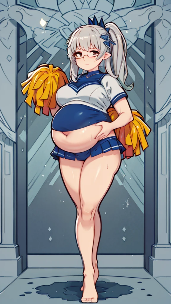 (Full body, glasses, detailed), An image of a pregnant girl wearing a cheerleader uniform with her belly on full display. She is a very voluptuous lady, she has a smug face and she is barefoot. (She is very sweaty and steamy)