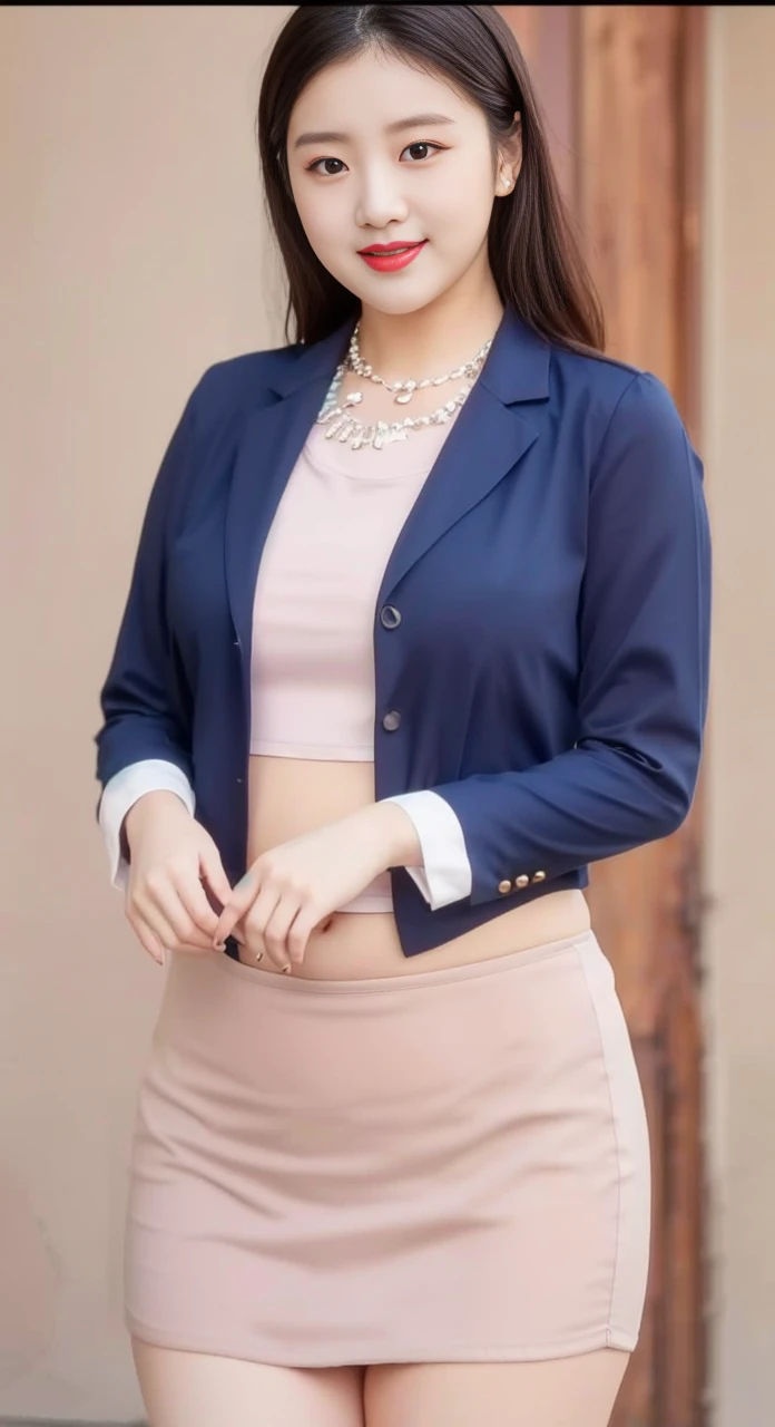 ((best quality)), ((masterpiece)), (detailed), perfect face, araffe woman in a long dark-blue shirt and blue denim skirt walking down a street, thicc, wavy short hair , she has a jiggly fat round belly, bbwchan, wearing tight simple clothes, skinny waist and thick hips, widest hips, her belly is fat and round, soft curvy shape, hyperrealistic full figure, wearing a cute top, wide hips, wearing 10 bracelet , wearing huge diamond necklace