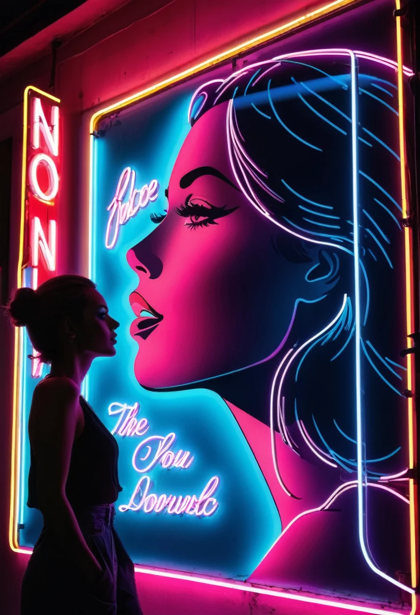 Side face silhouette,Shadow of beautiful woman under neon sign,Huge neon signboard,(Neon sign with text:1.5)