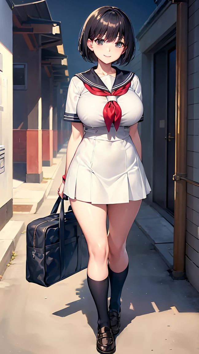 ​(morning, crossing, neighborhood, schoolway :1.4), high resolution, extremely detailed CG, unity 8k wallpaper, super detailed skin, perfect anatomy, detailed, cinematic lighting, dynamic lighting, beautiful detailed eyes, black short hair, closed eye, (smile:1.2)、(looking at viewer:1.8), (huge breasts:1)、 (sailor uniform, knee high socks, school shoes, school bag), (gleaming skin:1.2)、
(arms behind back, walking:1.3),