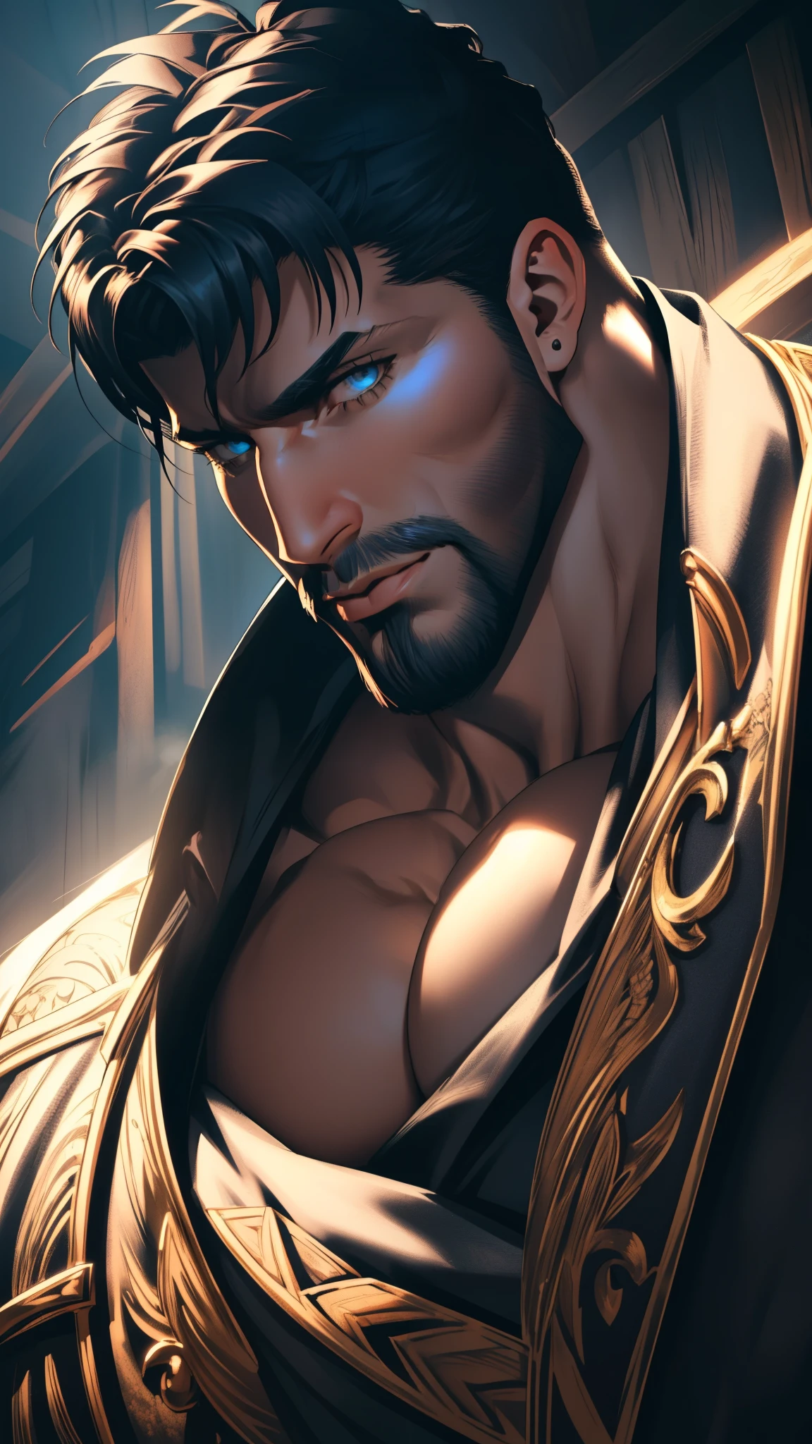 muscular bearded man, extremely detailed facial features, beautiful detailed eyes, beautiful detailed lips, extremely detailed face, large muscle pecs, highly muscular body, massive muscles, intricate muscle definition, chiseled physique, dramatic lighting, cinematic atmosphere, dark and moody, epic dark fantasy style, dramatic shadows, rich color palette, dynamic composition