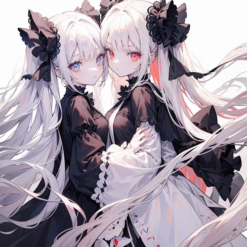 Two girls, red eyes and beige hair, blue eyes and white hair, twin tails, long hair, monochrome gothic fashion, white roses, white background,