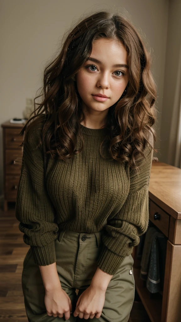 Curly-haired girl in sweater and military pants with gorgeous face and cubby cheeks and little slim with inoromous beauty