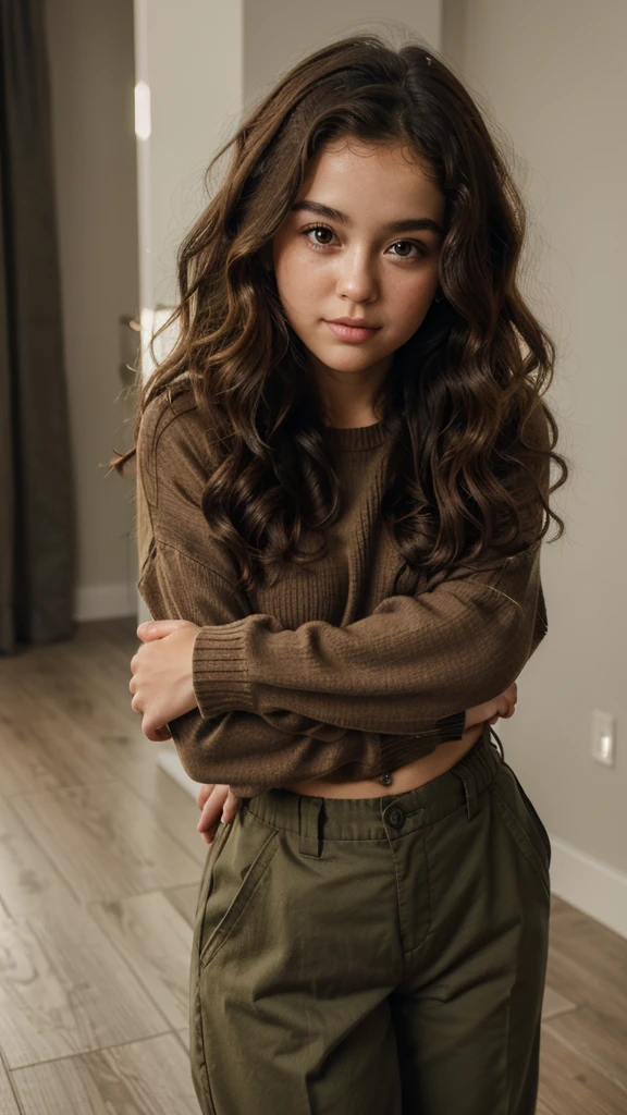 Curly-haired girl in sweater and military pants with gorgeous face and cubby cheeks and little slim with inoromous beauty
