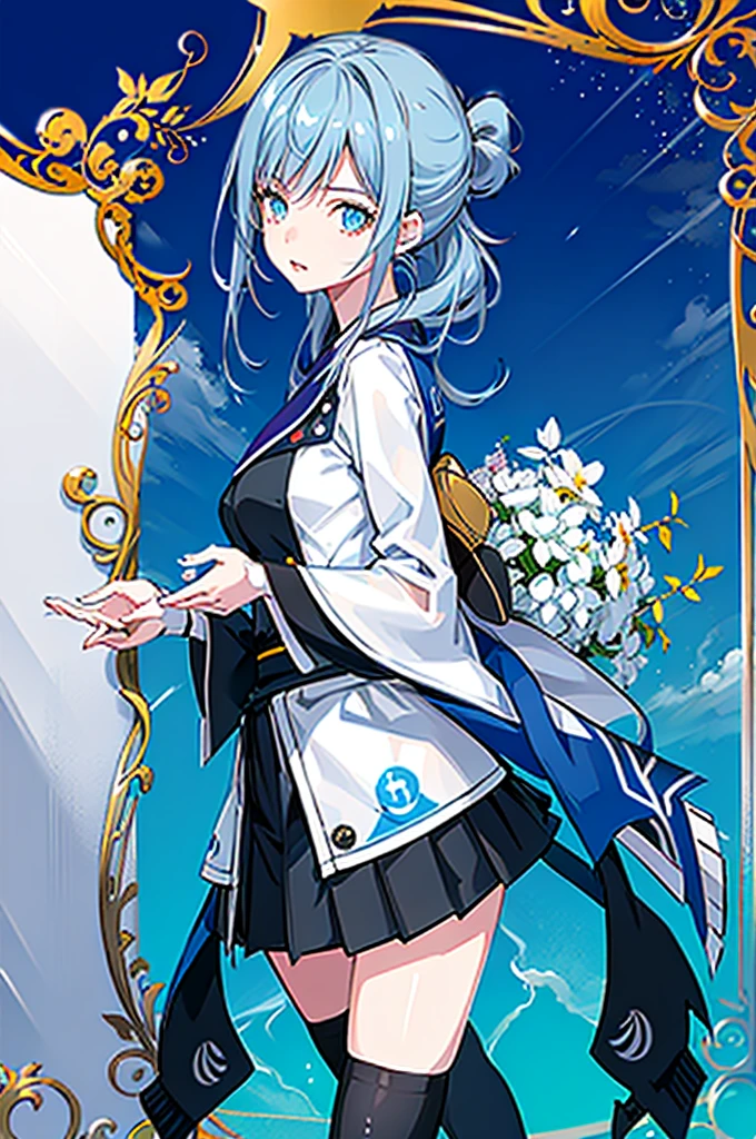 1girl,  solo, outdoors, long hair, holy place, Original,(Illustration:1.1),(Best Quality),(masutepiece:1.1),(the Extremely Detailed CG Unity 8K Wallpapers:1.1), (Colorful:0.9),(mid-shot:0.95),(extremely detailed beautiful face),(Solo:1.2), (girl),(((Lori))), (Detailed beautiful eyes:1.15), (Beautiful face:1.15), (Glowing blue eyes:1.25////),(((sky blue Long Hair))),(two side up),(+perfect hand+:1.21),(Draw illustration of Japan priestess costume),(slender),(White pleated skirt),(Gothic),((black thighhighs)),(frilld),(Beautiful Slender Lolita Girl),hallowween,standing, girl,10 years old,  girl,foggy place,vampire,sky blue hair,full body,whole body,
