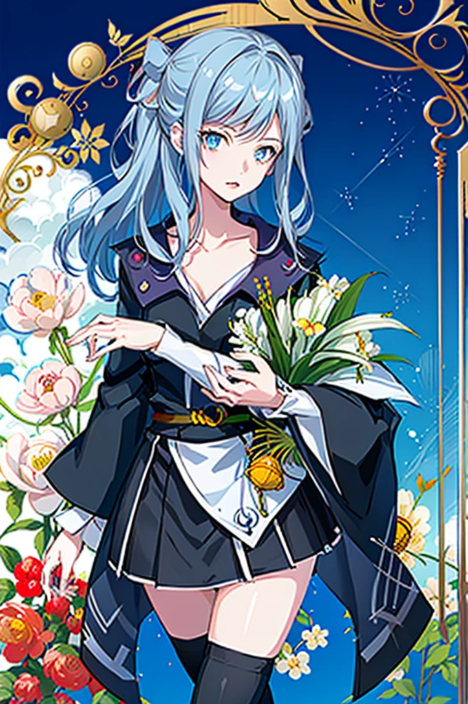 1girl, solo, outdoors, long hair, holy place, Original,(Illustration:1.1),(Best Quality),(masutepiece:1.1),(the Extremely Detailed CG Unity 8K Wallpapers:1.1), (Colorful:0.9),(mid-shot:0.95),(extremely detailed beautiful face),(Solo:1.2), (girl),(((Lori))), (Detailed beautiful eyes:1.15), (Beautiful face:1.15), (Glowing blue eyes:1.25////),(((sky blue Long Hair))),(two side up),(+perfect hand+:1.21),(Draw illustration of Japan priestess costume),(slender),(White pleated skirt),(Gothic),((black thighhighs)),(frilld),(Beautiful Slender Lolita Girl),hallowween,standing, girl,10 years old, girl,foggy place,vampire,sky blue hair,full body,whole body,