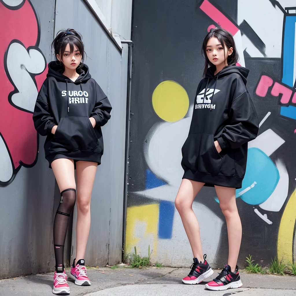 Capture a stylish girl in a hype outfit, complete with trendy sneakers, oversized hoodie, and edgy accessories. She's posing confidently in front of a modern, urban building. Behind her, there's a large, vibrant graffiti mural featuring the word 'SASIMO' in bold, colorful letters. The background should emphasize the dynamic cityscape, with the girl exuding cool confidence and street-style flair."