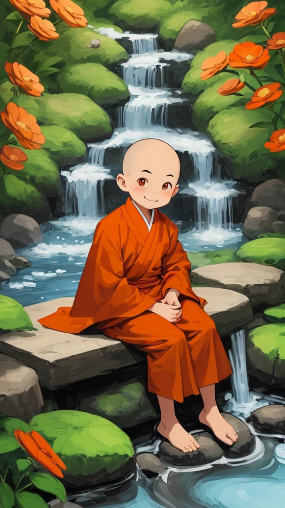 Create a cute cartoon image of an 8-year-old monk. He has a cheerful expression, big round eyes, and a small shaved head. He’s wearing traditional orange monk robes, sitting in a peaceful garden with blooming flowers and a gentle stream in the background.