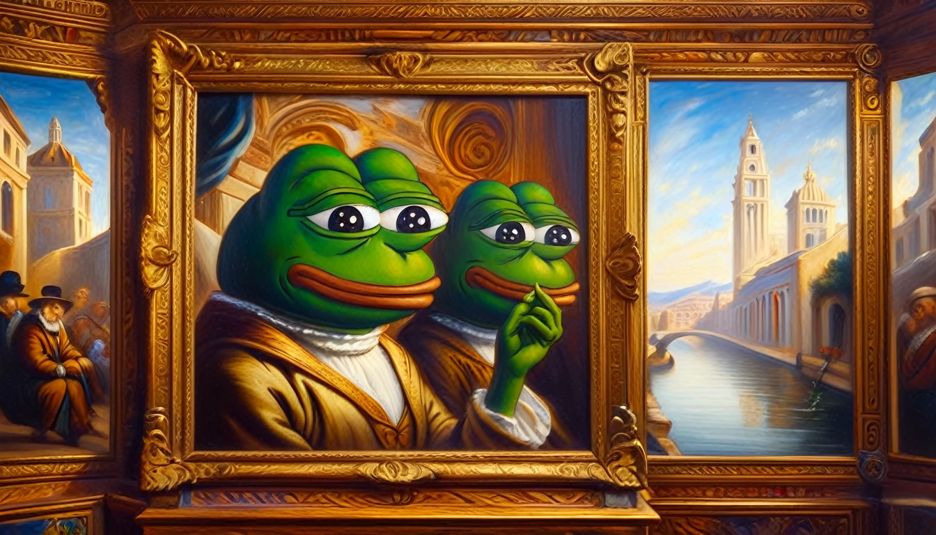 Pepe the frog, museum, beautiful painting by leonardo, hyperrealistic, 8k, masterpiece, highly detailed, intricate background, elegant lighting, dramatic composition, photorealistic, vibrant colors, soft textures, lifelike expression, whimsical atmosphere, frog anthropomorphized, museum interior, renaissance style, chiaroscuro lighting, oil painting, museum visitor, contemplative pose, ornate frames, detailed brushstrokes, classical elements, museum architecture