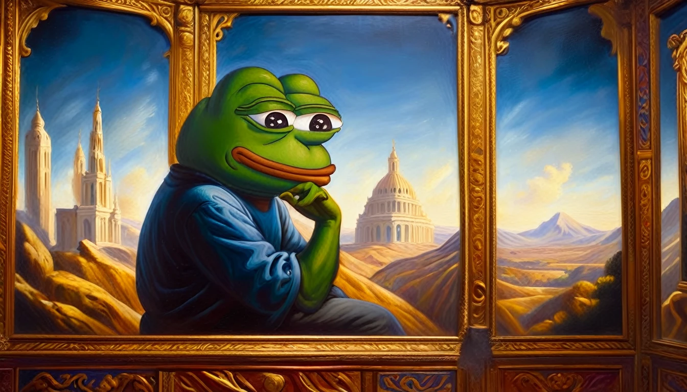 Pepe the frog, museum, beautiful painting by leonardo, hyperrealistic, 8k, masterpiece, highly detailed, intricate background, elegant lighting, dramatic composition, photorealistic, vibrant colors, soft textures, lifelike expression, whimsical atmosphere, frog anthropomorphized, museum interior, renaissance style, chiaroscuro lighting, oil painting, museum visitor, contemplative pose, ornate frames, detailed brushstrokes, classical elements, museum architecture