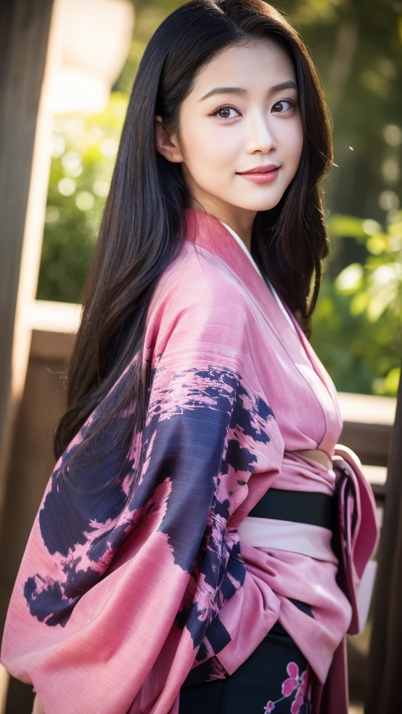 masterpiece, (Realistic:1.5), Realistic eyes, Asian woman, Highest quality, Beautiful lighting, Professional Lighting, Photon Mapping, Radio City, Physically Based Rendering,, kamado nezuko, One girl, Black Hair, amount, hair ribbon, kimono, kimono, Long Hair, Multicolored Hair, Open your mouth, Pink Eyes, pink kimono, pink ribbon, ribbon, smile, very Long Hair, null, ((Old age)),, (RAW Photos, 8K Ultra HD, Film Grain)