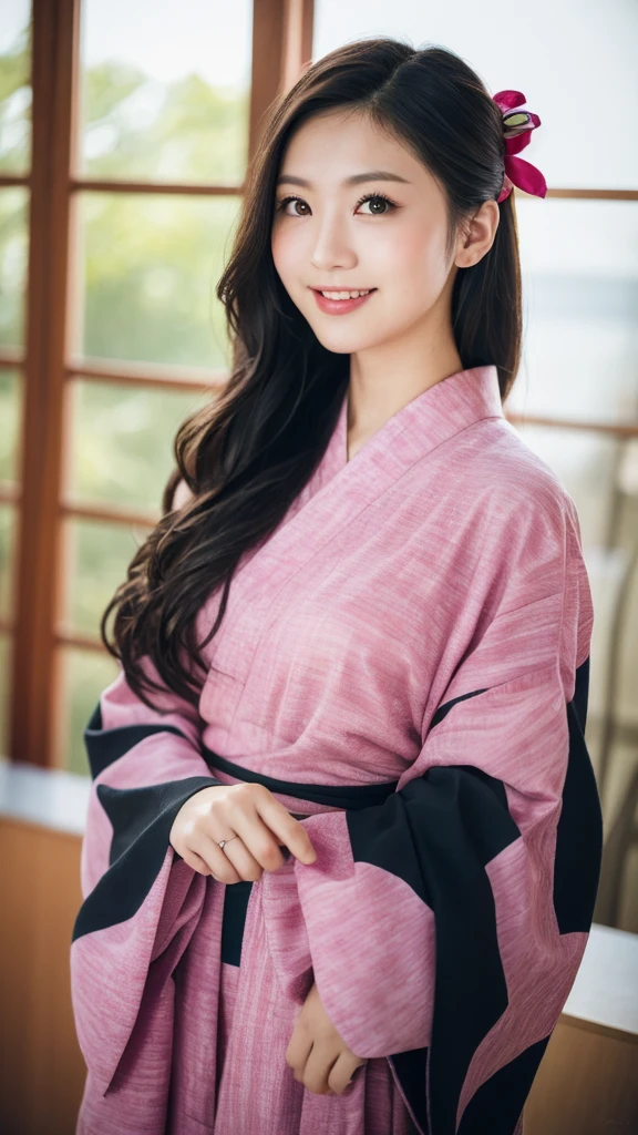 masterpiece, (Realistic:1.5), Realistic eyes, Asian woman, Highest quality, Beautiful lighting, Professional Lighting, Photon Mapping, Radio City, Physically Based Rendering,, kamado nezuko, One girl, Black Hair, amount, hair ribbon, kimono, kimono, Long Hair, Multicolored Hair, Open your mouth, Pink Eyes, pink kimono, pink ribbon, ribbon, smile, very Long Hair, null, ((Old age)),, (RAW Photos, 8K Ultra HD, Film Grain)