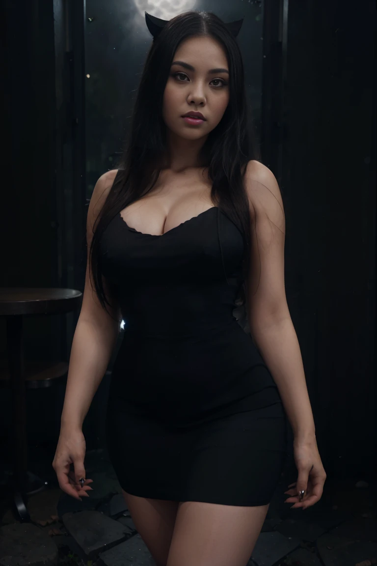 a realistic photo of a chubby filipina woman, with super long black straight hair with midnight blue highlights, wearing a gorgeous goth girl dress, gorgeous legs, long black nails, beauty shot, wolf eyes, vampire beauty, full moon background, goth style, night time, moon shine, glowing skin, pale skin, cinematic effect, smokey, eerie, whole body shot