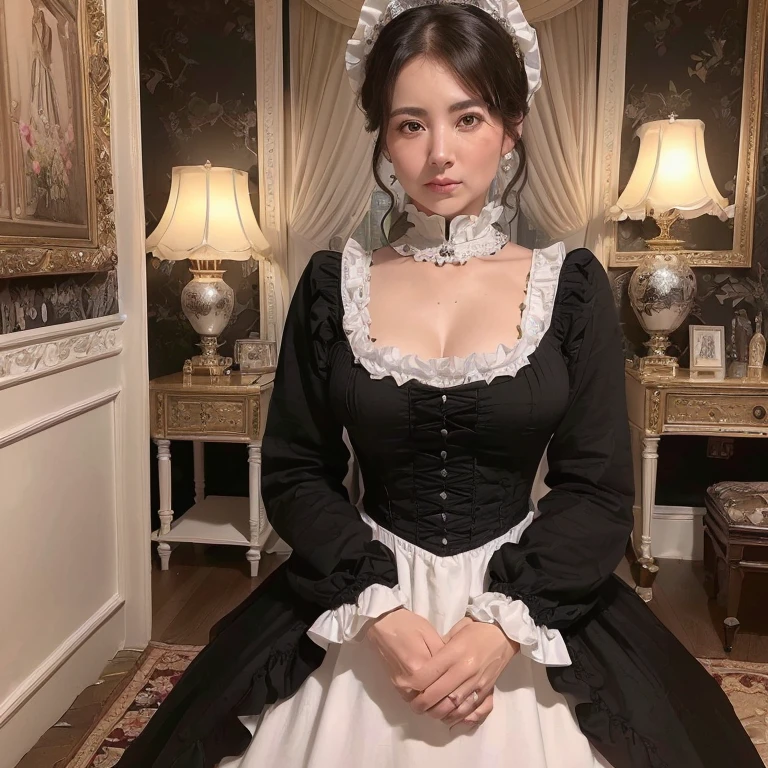 (((best quality, Fragments flying, Ultra-high resolution、Most complex、The most detailed depiction、Awards, 8K、明るくwonderfulな)))、(1 Beautiful 45-year-old maid full of maternal love:1.3)、(Motherly Maid:1.2)、(Wrinkled face:1.2)、(wrinkles around the eyes:1.2)、(Nasolabial fold:1.2)、(1 The most beautiful and exquisite maid of honor)、(Accurate anatomy:1.3)、(Very Bright Maid :1.2)、(The most gorgeous Victorian maid dress hangers and luxurious maxi white and black maid dresses、The most exquisite giant black and white maid costume、Dress rack and white maid dress rack and white maid dress small apron and black and white maid outfit)、((The most luxurious Victorian room background、Royal Deluxe Room、Royal Palace'best room、wonderful、Very moody lighting、So gorgeous、Luxury beyond imagination、Bedroom decoration with many ornaments,、Very complex and detailed background、Highly complex and detailed texture))、(Look at me and smile、The happiest smile、Emphasize body lines、Full breasts)(((Full and soft breasts,)))(((Large Breasts))) (((Cleavage)))