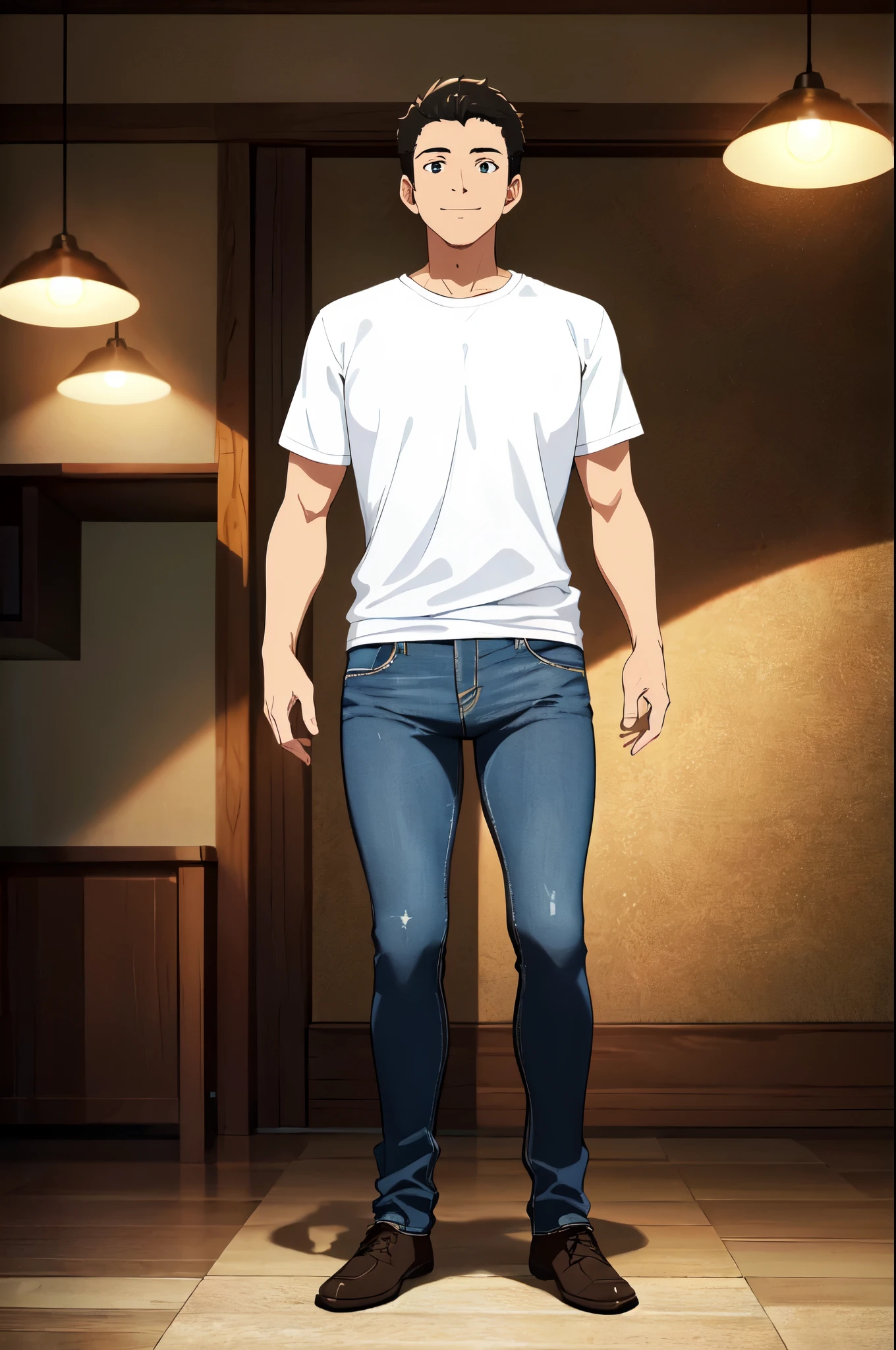 masterpiece, 32k, extremely detailed, finely detail, intricate details,
BREAK
(absurdres:1.1, highres:1.1, ultra detailed:1.1),
insanely detailed, absurdres,
(high resolution:1.1, ray tracing:1.1, refraction:1.1)
T-Shirts, jeans
BREAK
(35-year-old male), (male, 独奏:1.3),
BREAK
(((full body))), standing, smile,
BREAK
