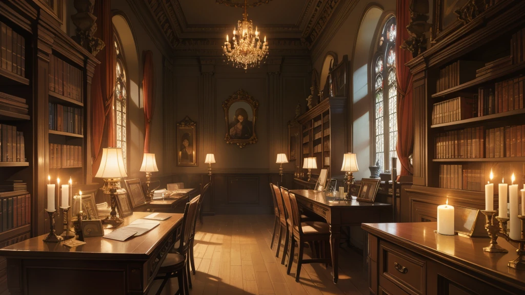 masterpiece, best quality, realistic, fantasy, detailed background, background only (no character), cinematic lighting, Masterpiece Background, study, library, desk, candle light, window with sky, castle