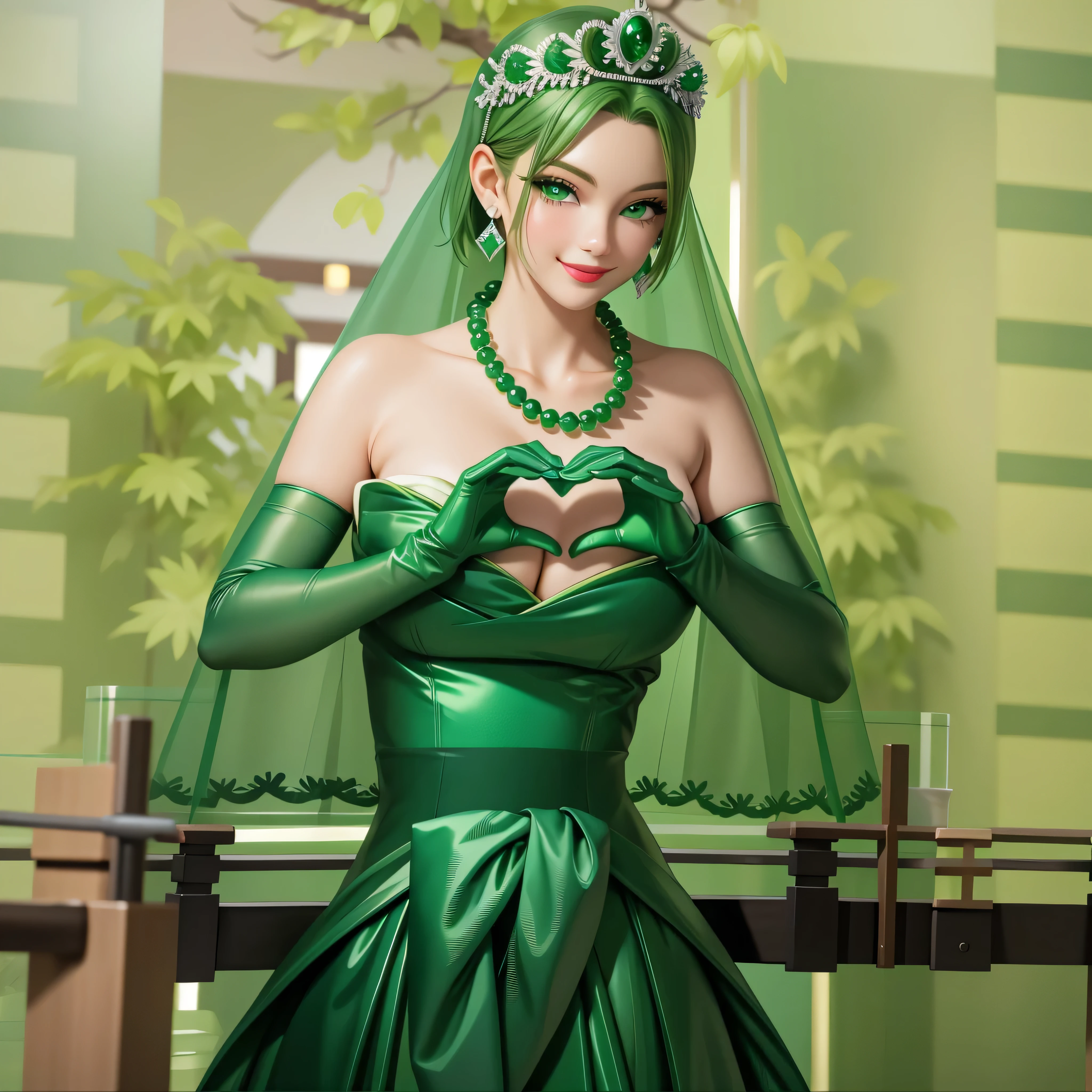emerald tiara, Green Pearl Necklace, Boyish very short green hair, Green Lips, Smiling Japanese woman, Very short hair, Busty beautiful lady, Green Eyes, Green satin long gloves, Green Eyes, Emerald Earrings, Green veil, Heart with both hands, Green Hair, Beautiful Japanese Woman, Heart shaped hands:1.3, green lip gloss