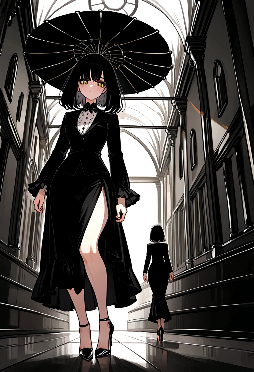 Create only the woman&#39;s feet,Walking in heels,Black heels,Only the knees and below are visible,Dim moonlight,The light is dim,Corridor inside the building,Wearing a long black skirt,No sunlight,Horror atmosphere.