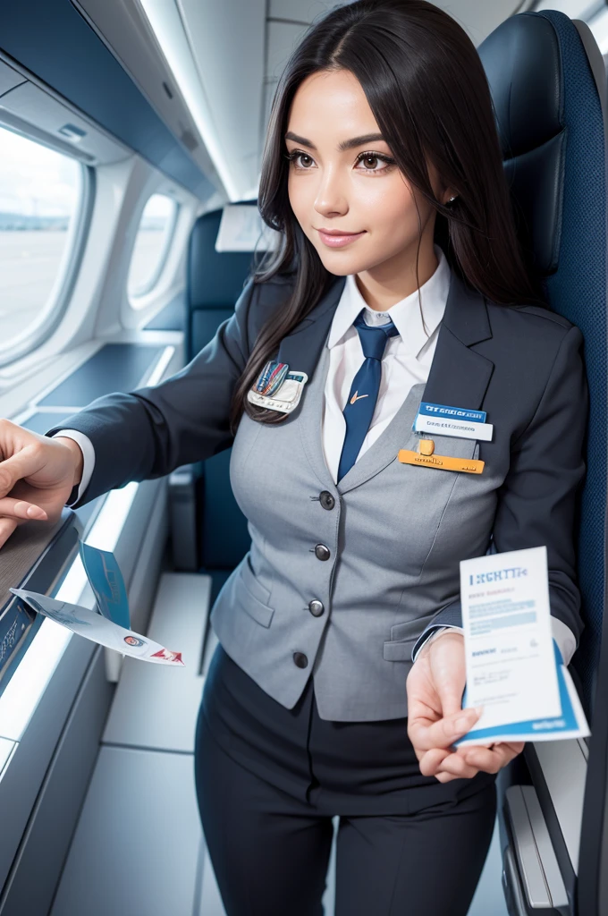 Handing ticket to flight attendant in first person