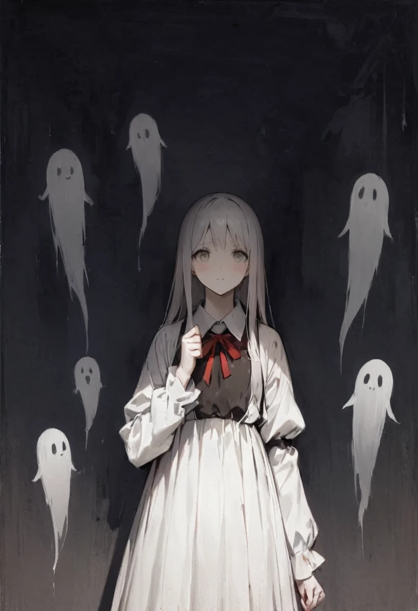 ghost、darkness、Dimly lit room、真夜中のghost屋敷の中で、Girl、Girl、Short、Younger、、Baby Face、Both eyale skin、flat chest、Dynamic Angle、Expressionless、Creepy、scared、suspicious、suspicious、Ghost、My clothes are torn、The body is slightly transparent