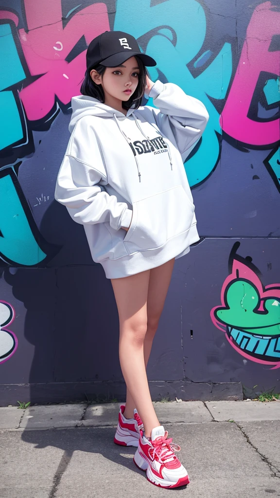 Capture a stylish girl in a hype outfit, complete with trendy sneakers, oversized hoodie, and edgy accessories. She's posing confidently in front of a modern, urban building. Behind her, there's a large, vibrant graffiti mural featuring the word 'SASIMO' in bold, colorful letters. The background should emphasize the dynamic cityscape, with the girl exuding cool confidence and street-style flair."