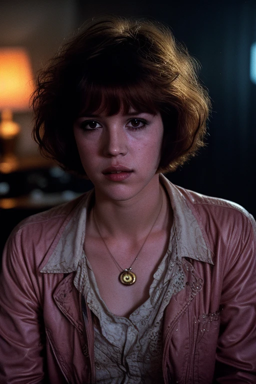 Full shot of eighteen-year-old Molly Ringwald, messy/shaggy razored/layered bob haircut with sideswept bangs, bags under eyes, exhausted eyes, undershadowed eyes, with copper pocketwatch necklace, wearing dark green jacket with sleeves rolled up, white tank top and jeans, extremely realistic, extremely detailed, extreme realism, extreme detail, extremely accurate resemblance, scene from 1986 psychological sci-fi horror film, directed by Michael Mann, cinematography by Dante Spinotti, muted color scheme, muted color palette, neo-noir, tech-noir, shot on 35mm film, atmospheric, moody, Manhunter (1986) influenced, Thief (1981) influenced, bedhead, unkempt hair, insomniac, dark circles under eyes, brooding anti-heroine, cult classic, cult film, complex, elaborate, masterpiece, underlit, dark, 4k ultra HD remaster from original 35mm film negative, taken from 4k ultra HD Blu-Ray release, directed by Nicholas Winding Refn, synthwave, neon