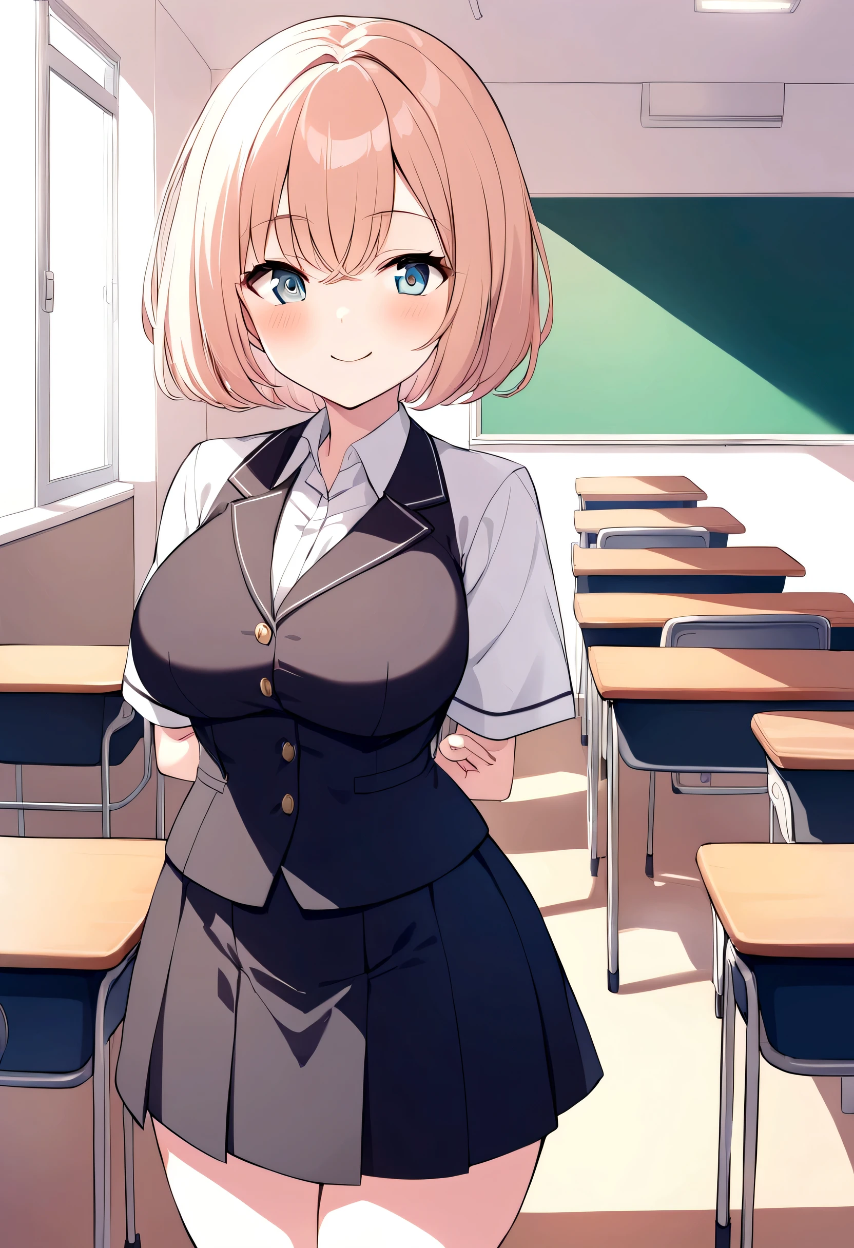 Girl，Slightly fat，short hair，Eye，Smiling，Hands behind back，JK，Standing in the classroom