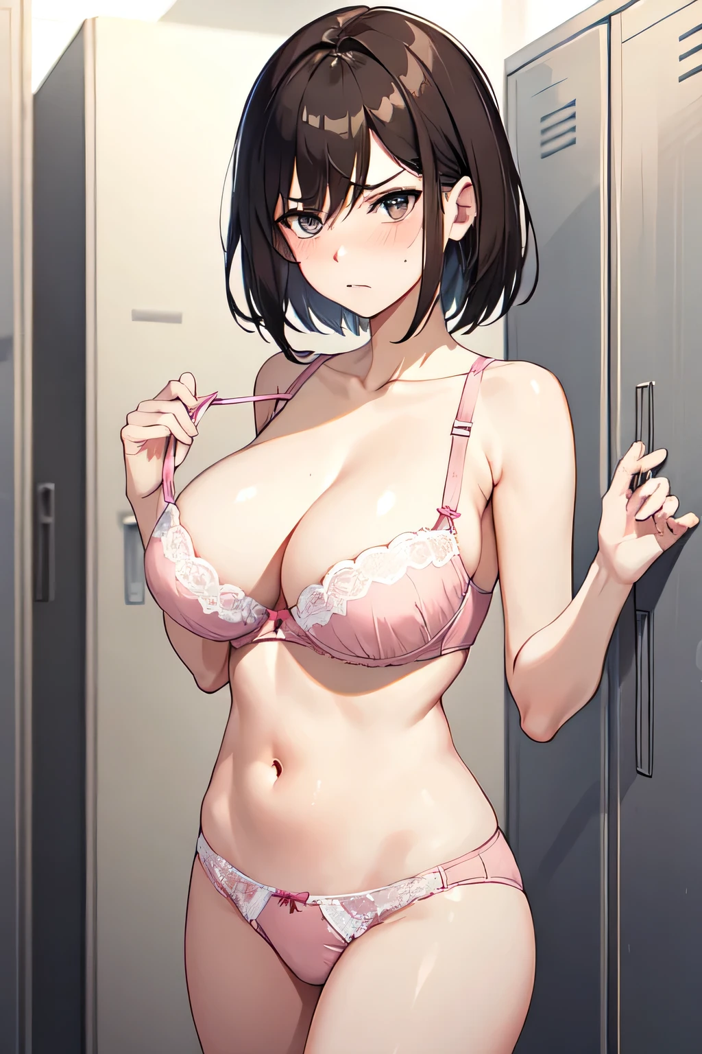 A beautiful woman with short brown hair. She is wearing a pink bra and panties with a heart pattern. She has a big chest. She is standing in the locker room and covering her chest with angry and blushing face.