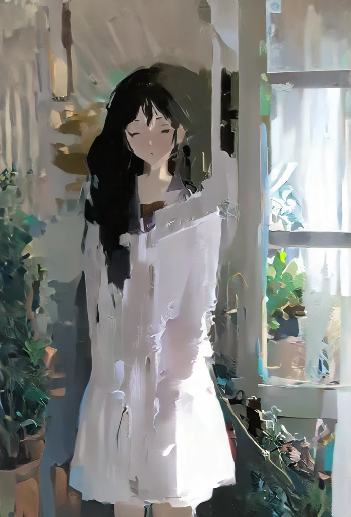 ghibli styled anime girl, long black haired, ghibli background anime