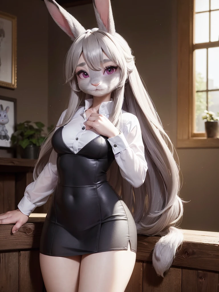 best quality,
masterpiece,
hyper Realistic,
ultra-detailed,
beautiful detailed,
4K,8K,High level,
PIXAR,
Photo real,
Portrait,
Looking at the audience,
background is an office,
Realistic lighting,
((anthropomorphic rabbit)),
detailed animals,
Complex patterns,
furry,
((whole body fur)),
((gray fur)),
((rabbit hands)),
(Face is JudyHopps:1.35),
((long straight hair)),
wispy bangs, bangs,
purple eyes,
(arched eyebrows:1.2),
(uplift eyebrows:1.1),
(rabbit ears:1.1),
office lady is wearing suit,
((White blouse)) BREAK ((Black skirt)),
clothes made of cotton,
((skin is wool fabric with fluffy)),
(solo:1.5),
(1 lady:1.5),
one character only
alone,
Perfect Anatomy,