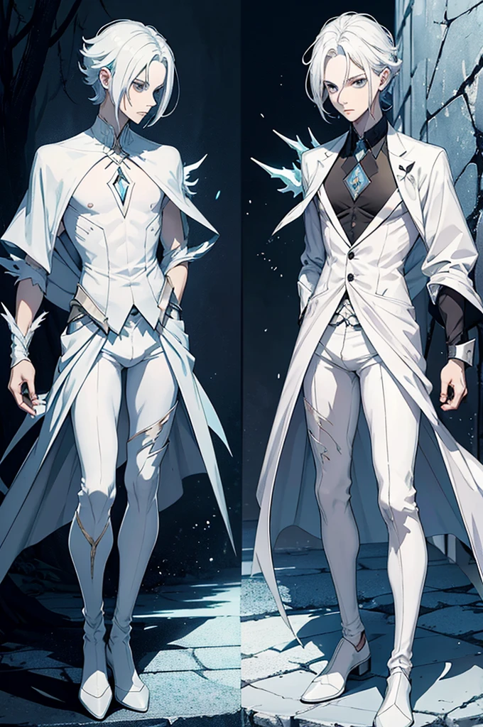 A changeling man in its natural form, with white skin, a slender body, colorless eyes, and silver-white hair. The changeling can change its appearance at will. The image shows a changeling shifting between different forms, with one form being a light-haired young man with an Old Money hairstyle. The background reflects different settings, hinting at various personas the changeling adopts for different situations, such as negotiations, exploration, and battle. The overall atmosphere conveys the fluid and expressive nature of the changeling's transformations.
