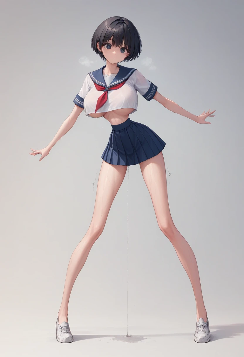 (masterpiece, best quality:1.8), front shot, 1girl, kawaii, (micro waist, very long legs:1.3), Black hair, short bob hair, short height, scrawny and thin body, Light Skin, cute big eyes, cute beautiful thin face, forced smile, serafuku, pigeon-toed, wet and sweaty, visible ribs, V sign, Trembling