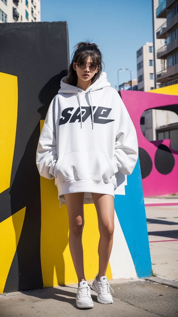 Capture a stylish girl in a hype outfit, complete with trendy sneakers, oversized hoodie, and edgy accessories. She's posing confidently in front of a modern, urban building. Behind her, there's a large, vibrant graffiti mural featuring the word 'SASIMO' in bold, colorful letters. The background should emphasize the dynamic cityscape, with the girl exuding cool confidence and street-style flair."
