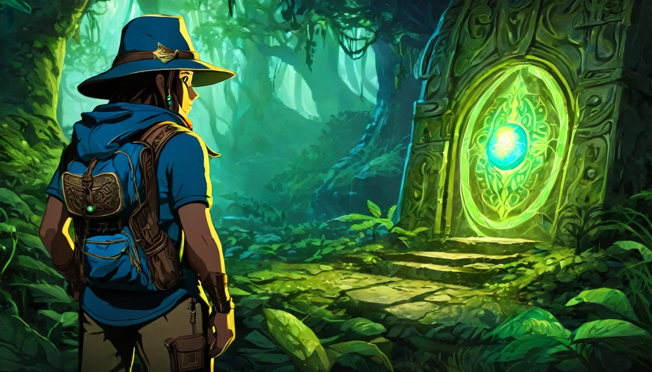 Central Image:
Amulet: Ensure the amulet is prominently featured, glowing with mystical colors like gold, blue, and green. It should be ornate and visually captivating.
Background: Use a mystical forest or ancient temple backdrop to evoke a sense of adventure and mystery.
Characters:
Adventurer: Include a silhouette or a character dressed as an adventurer, equipped with an explorer hat and backpack, gazing at the amulet with curiosity.
Creature: Hint at the mythical creature guarding the amulet. Show its eyes or a subtle shadow in the background to add suspense and excitement.