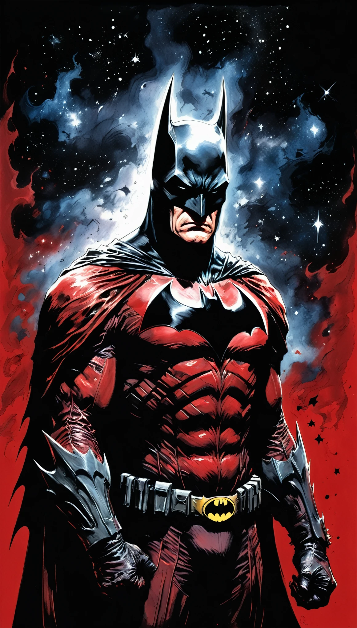 Raymond Pettibone (Raymond Pettibon) style, Character concept design,Batman,Half Body,Dark red background,Fantasy Art, galaxy,