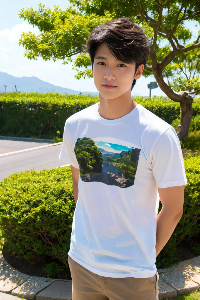 Handsome,Japanese,20-year-old,Short Hair,Landscape,T-Shirts,Height: 180 cm,Sunburn,Backwards