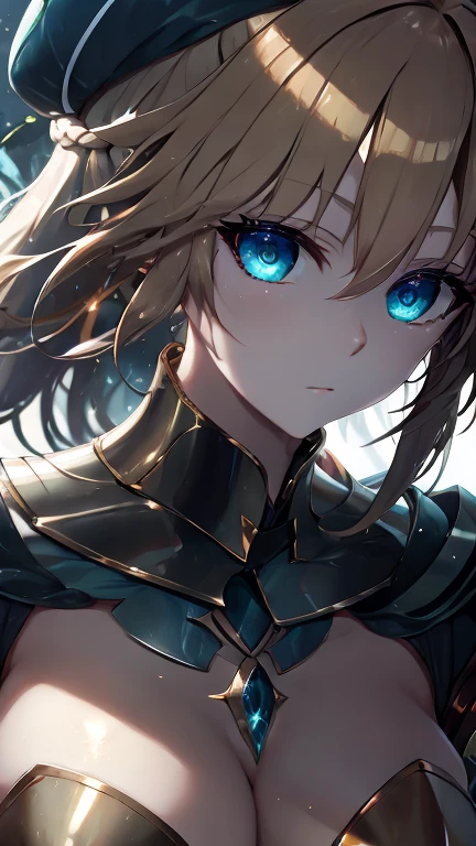 (masterpiece:1.2), (absurdres), (detailed face),(detailed eyes), (best quality) (traditional media:1.2)  , (white backround), upperbody, (expressionless),  artoria_pendragon_(fate), saber, armor, blonde hair, gauntlets, green eyes, hair ribbon, armored dress, ahoge, blue dress,