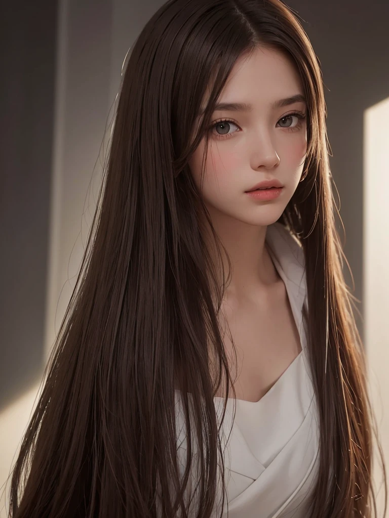 best qualtiy,tmasterpiece,A high resolution,Reality,RAW photogr,1girl,brunette color hair,Tall and tall,The background color is dark,There is a strong sense of contrast,The skin is tender and textured,cold light,With a shallow smile,With deep eyes