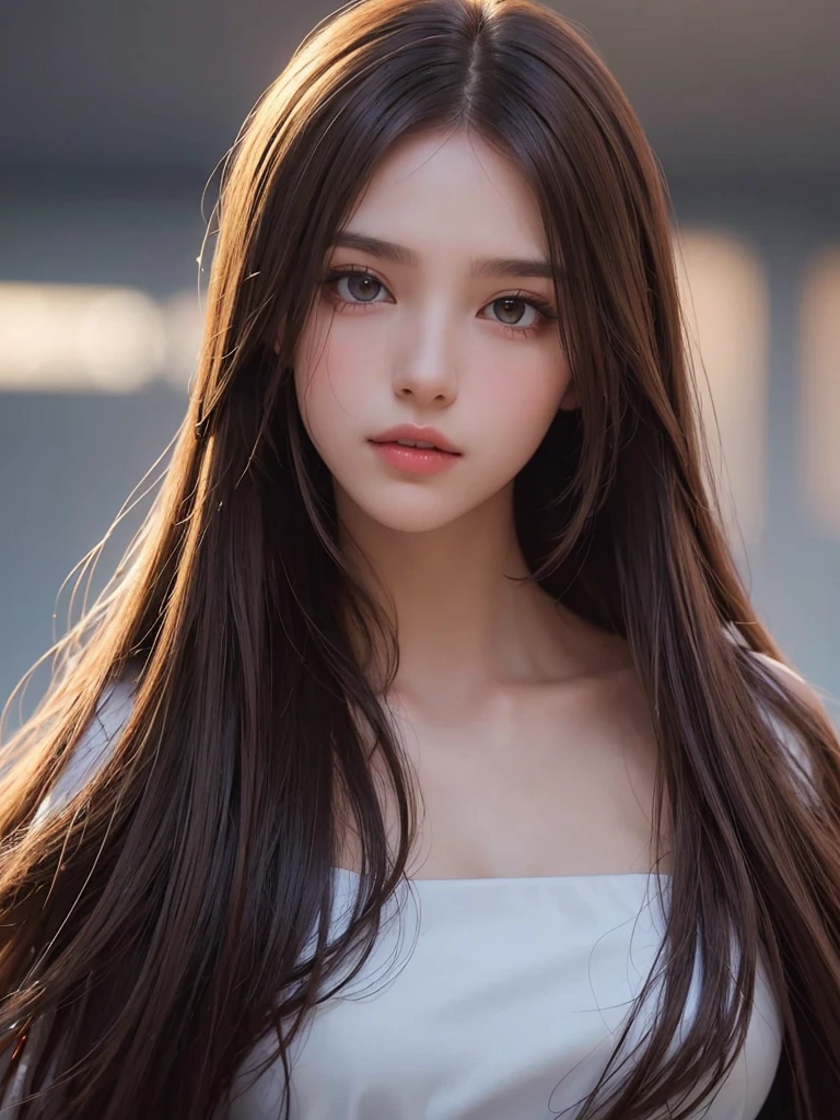 best qualtiy,tmasterpiece,A high resolution,Reality,RAW photogr,1girl,brunette color hair,Tall and tall,The background color is dark,There is a strong sense of contrast,The skin is tender and textured,cold light,With a shallow smile,With deep eyes