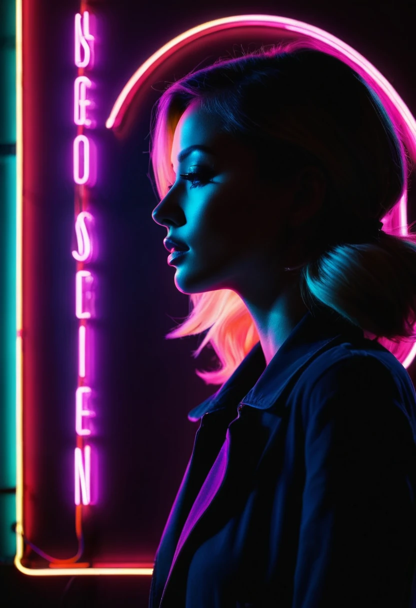 Side face silhouette,Shadow of beautiful woman under neon sign,Huge neon signboard,(Neon sign with text:1.5)