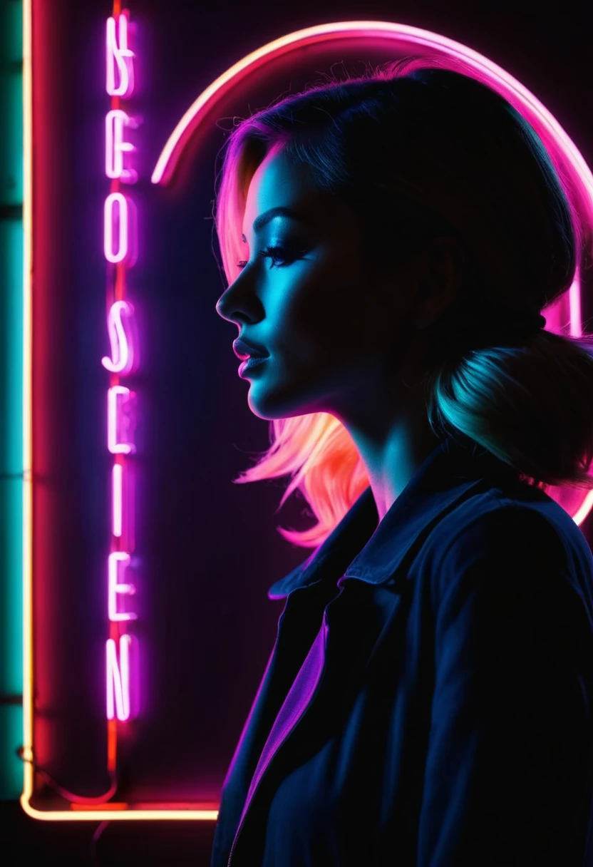 Side face silhouette，Shadow of beautiful woman under neon sign,Huge neon signboard，(Neon sign with text:1.5)
