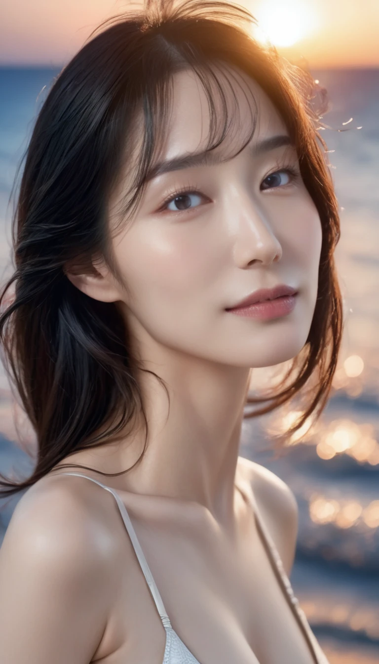 4K resolution, 8K resolution, beautiful, Highest quality, Absolutely wonderful, Very detailed, Ultra-high resolution, masterpiece, RAW Photos, Realistic, Depth of written boundary, Cinematic Light,
One elegant mature woman,
Long black hair, 精巧なディテールのbeautiful顔, A calm and loving face,
Transparent white skin, Very sensitive skin,
Great proportions, Glamorous Body, Anatomically correct body, Shapely large breasts, Shapely ass, Firm thighs,
High leg swimsuit, Summery design, Beautifully detailed pattern, Detailed cloth texture,
Night sky background, Dark sandy beach at night,