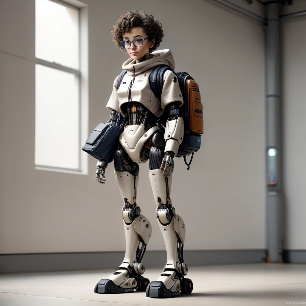 humanoid robot with a sleek design, equipped with a large coat full of compartments and pockets, backpack attached, short curly hair-like wires, modern thick-rimmed glasses for sensors, sturdy and stylish metallic legs resembling boots, confident and determined posture, soft and natural lighting, realistic textures on the coat and backpack, high resolution and image quality, vibrant colors and well-defined contrast, against a 100% white background"