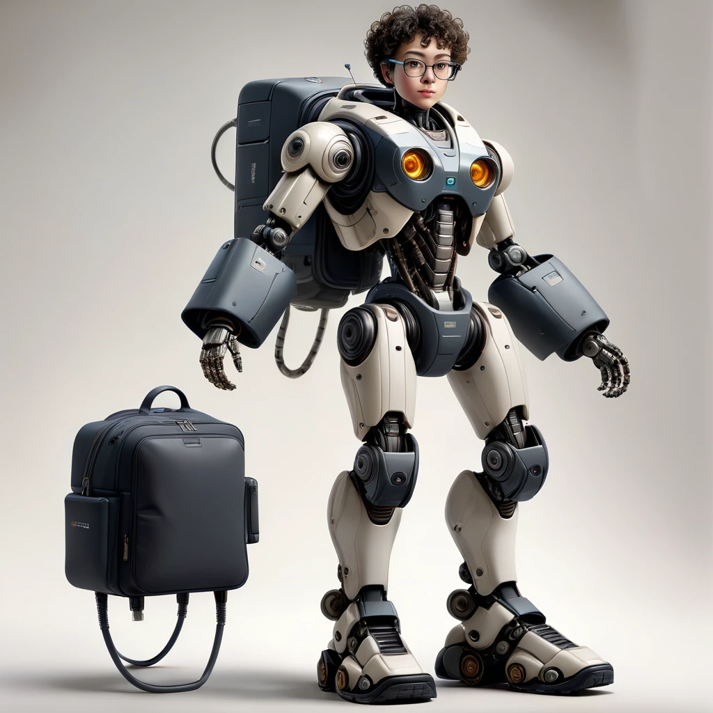 humanoid robot with a sleek design, equipped with a large coat full of compartments and pockets, backpack attached, short curly hair-like wires, modern thick-rimmed glasses for sensors, sturdy and stylish metallic legs resembling boots, confident and determined posture, soft and natural lighting, realistic textures on the coat and backpack, high resolution and image quality, vibrant colors and well-defined contrast, against a 100% white background"