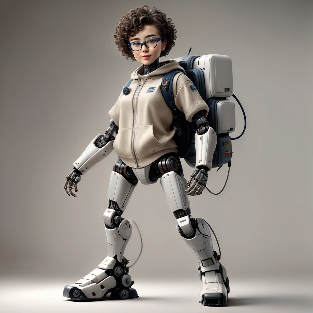 humanoid robot with a sleek design, equipped with a large coat full of compartments and pockets, backpack attached, short curly hair-like wires, modern thick-rimmed glasses for sensors, sturdy and stylish metallic legs resembling boots, confident and determined posture, soft and natural lighting, realistic textures on the coat and backpack, high resolution and image quality, vibrant colors and well-defined contrast, against a 100% white background"