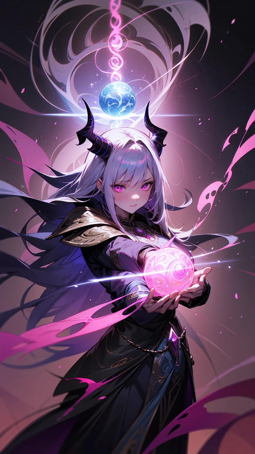 Create an illustration of a powerful, dark sorceress with deep purple skin and long, flowing white hair. She has glowing pink eyes and wears an elaborate, dark armor with intricate silver and red designs. She has large, curved black horns on her head, adding to her menacing presence. The sorceress holds a glowing blue lightning orb in one hand and a pink magical orb in the other. Her background is a mystical setting with ancient scrolls and scripts, with vibrant swirls of pink and blue magical energy emanating from her, blending into the surrounding atmosphere - looking like watercolor drawing on old papyrus