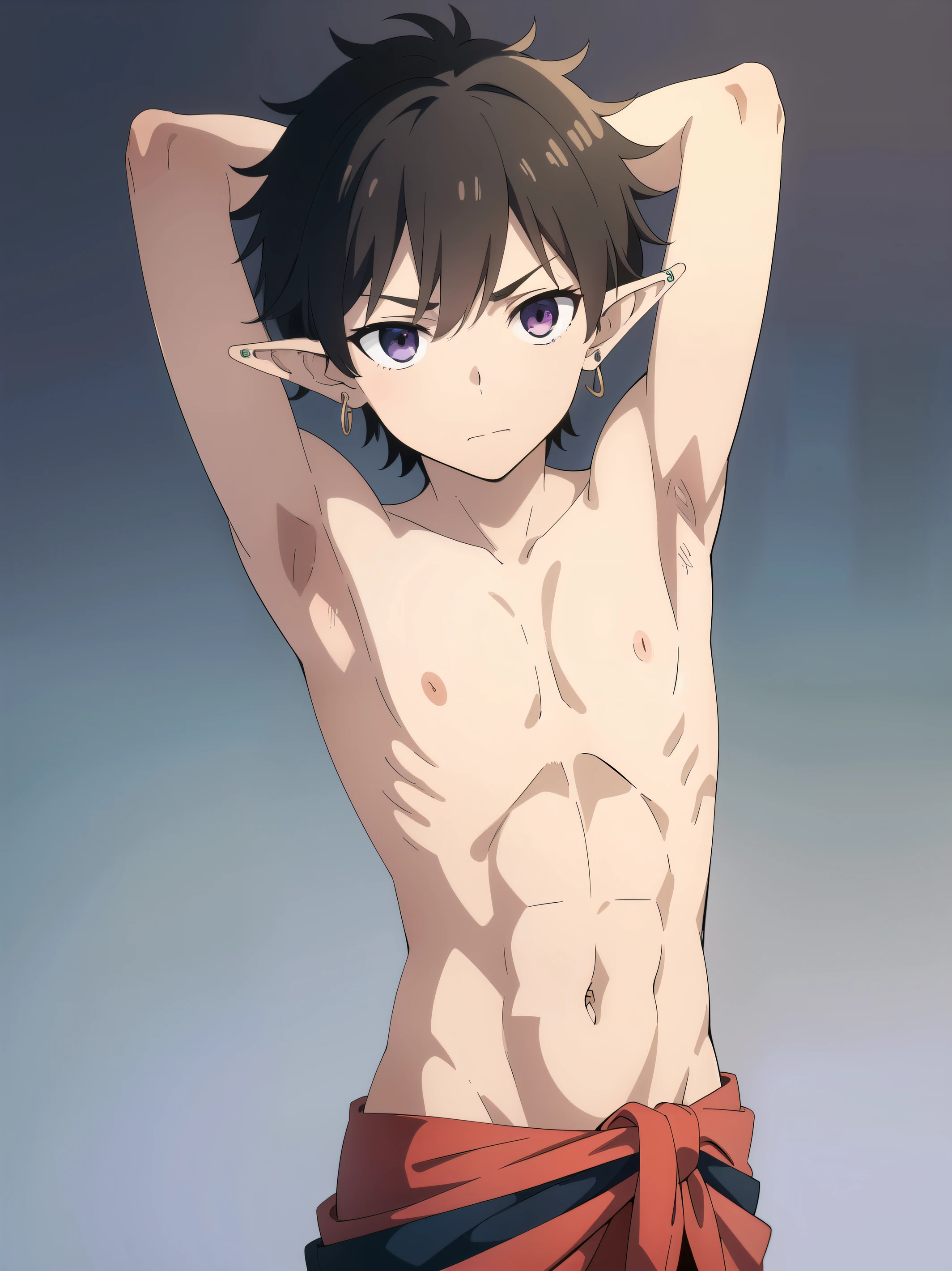 Highres, Masterpiece, Best quality at best,Best Quality,hight quality, hight detailed, Anime style, 1boy, Young boy, Shota, Shirtless, Topless, Elf ear, earring, Navel piercing, Messy hair, Sarong, Seen from the front, look at viewer, (very young boy), (very small and short body), , Such a cute smooth armpit, Cute armpit, sexy armpit, The armpits of a 12 yeaAdorable little armpits, seductive armpits, showing armpit, hansome boy, Uhd, 4k wallpaper