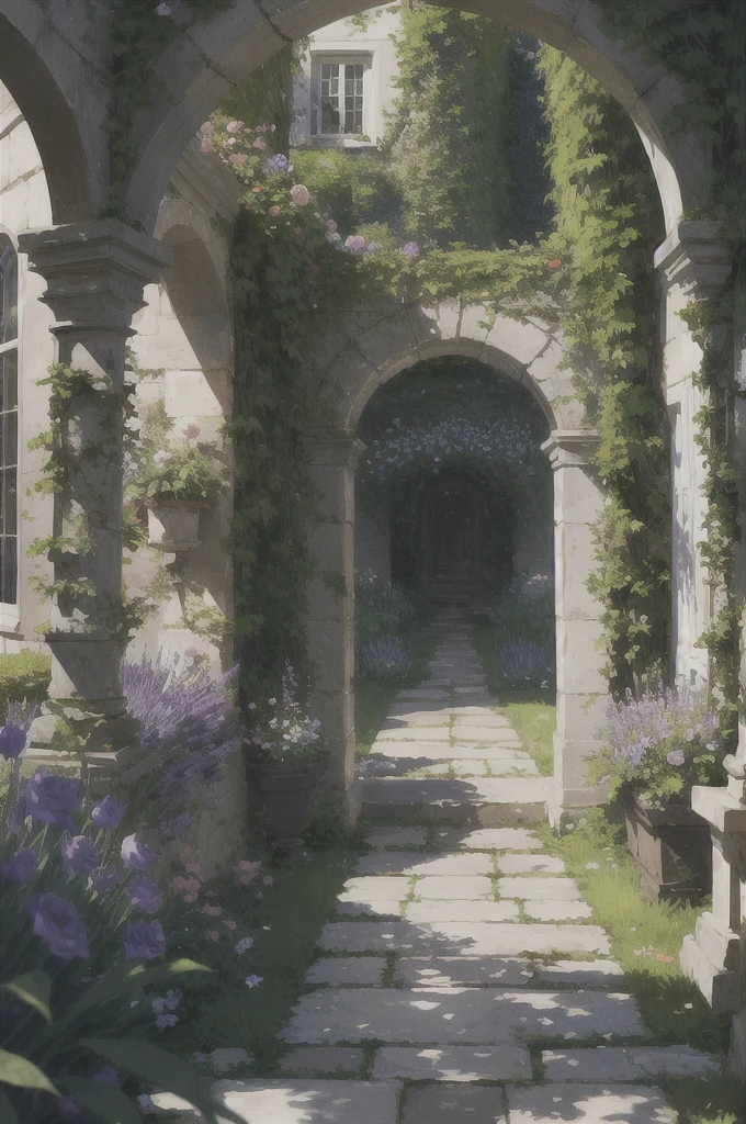 English Garden. An English garden with roses, lavender, and other classic flowers. The garden should have a romantic and charming look, with winding paths and arches covered in vines. The plants should be arranged in a way that creates a sense of balance and harmony, with symmetrical shapes and carefully chosen color schemes.